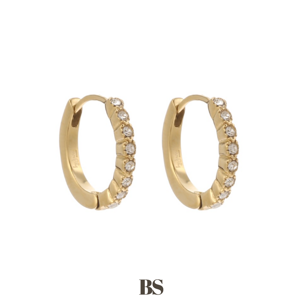 Close-up van de Silver Sparkle Ring oorbellen, met kleine zilveren stras steentjes, gemaakt van stainless steel, waterproof, hypoallergeen en verkleuren niet.