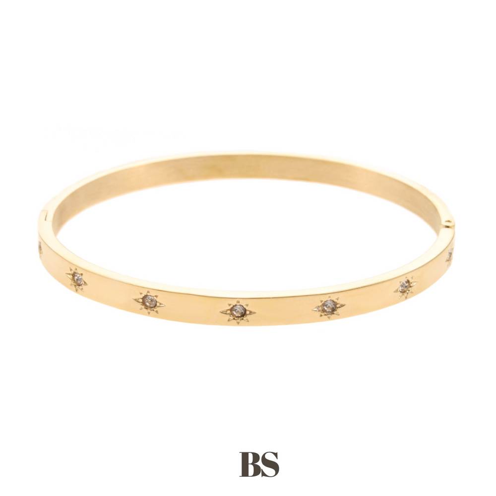 Close-up van de Sterre armband, een bangle van roestvrij staal met subtiele sterretjes en zilveren steentjes, glanzend en stijlvol om de pols gedragen, hypoallergeen en waterdicht.